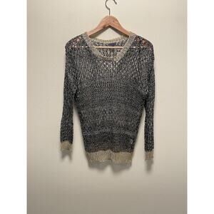 Womens Sweater Small Blue Gold Sequin Metallic Sheer Open Knit Oversized Grunge
